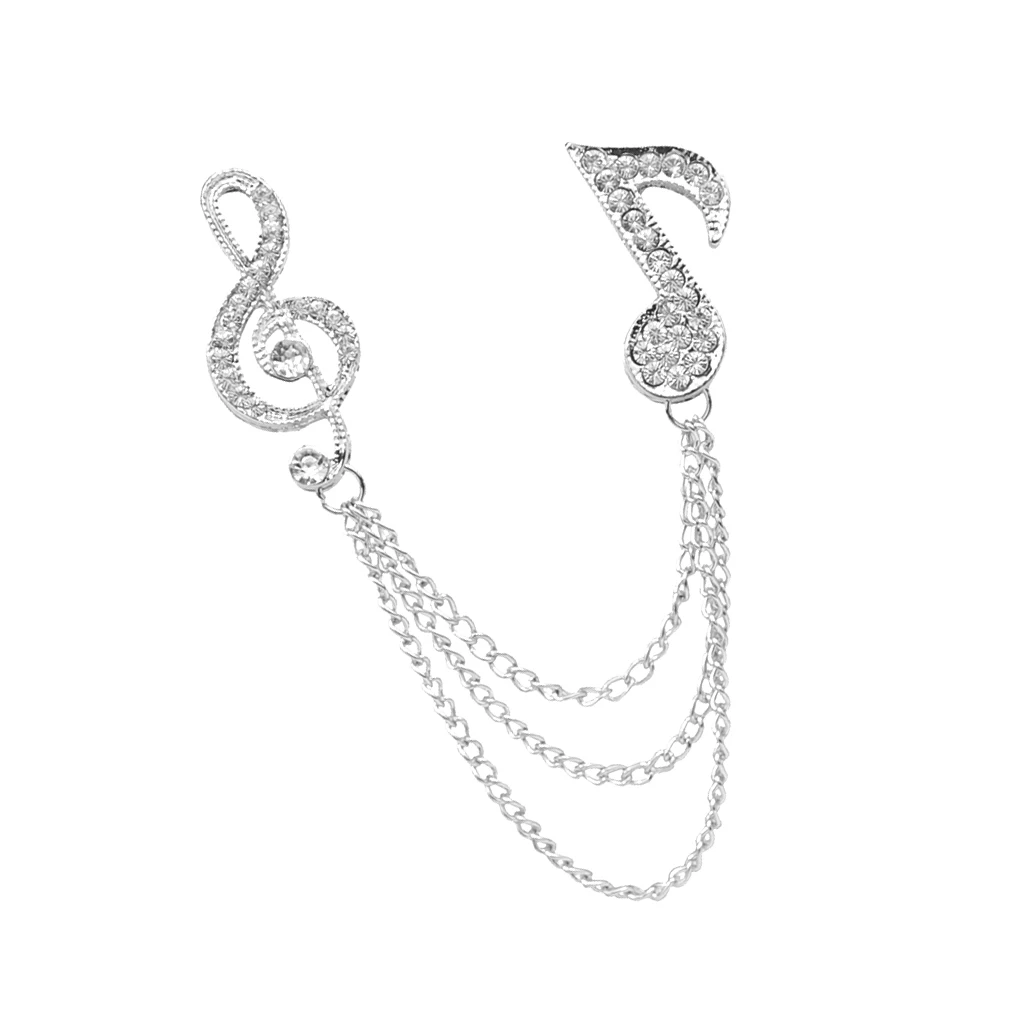 Crystal Music Note Chain Brooch Pin, Shirts Neck Collar Tips with Layers Tassel Chain Blouse Lapel Pins for men women