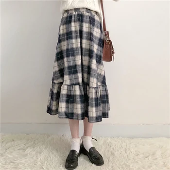 

Spring Japanese soft sister Mori girl Elastic waist lattice stitching Ruffles woolen girls blue pink skirt Preppy Style skirts