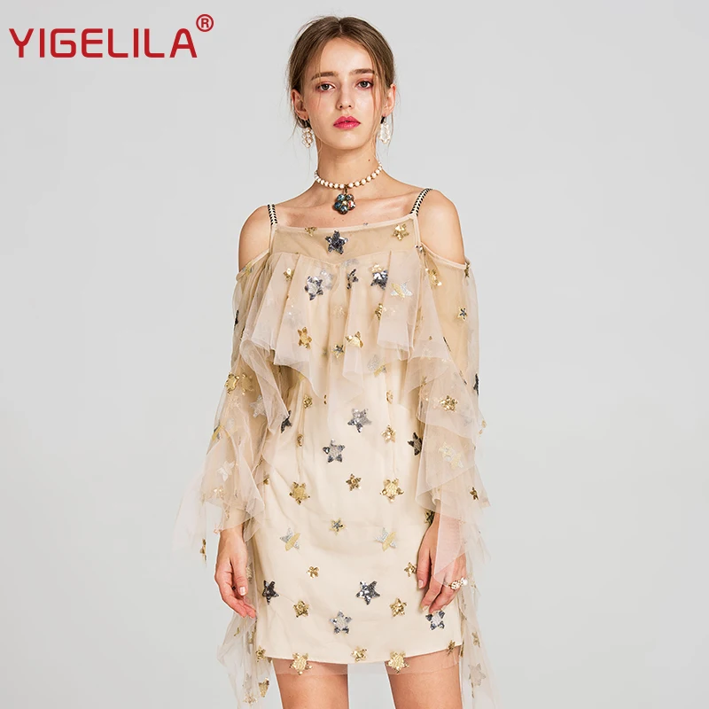 

YIGELILA 2019 Latest Spring Women Fashion Sexy Spaghetti Strap Full Sleeve Ruffles Sheath Mini Mesh Sequined Dress 62925