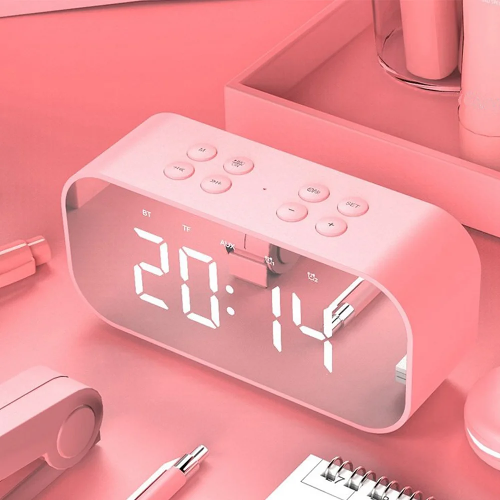 

Column Subwoofer Mirror Alarm Clock Mini Time Snooze Sound Box Music Stereo Wireless Bluetooth Speaker LCD Portable