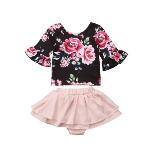 

Newborn Kids Baby Girls Floral Print T-shirt Flare Long Sleeve Tops Mini Skirt Outfits Clothes Set 2019