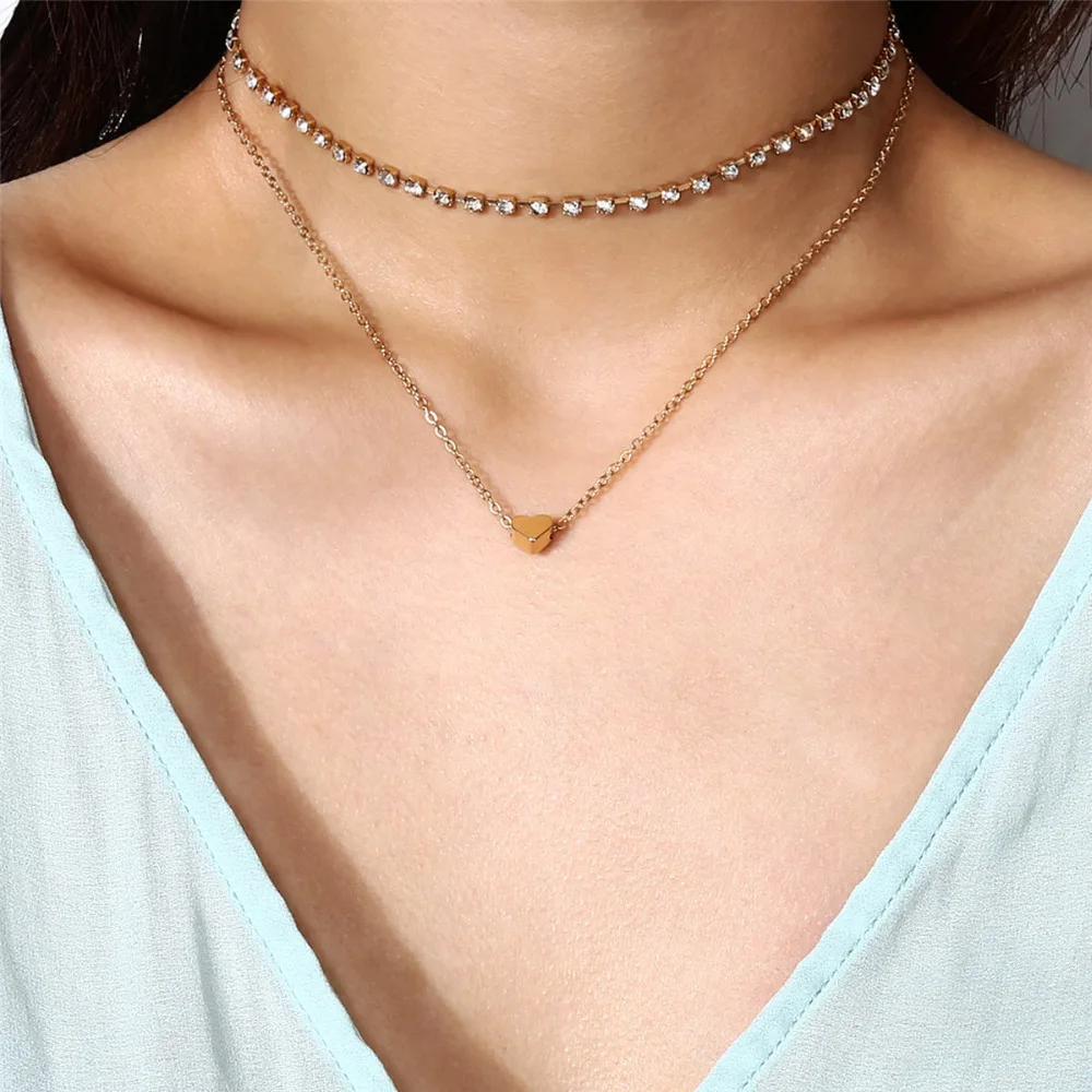 

Multilayer Irregular Crystal Aluminium Alloy Cut Beaded Choker Copper peach heart multi-layered collarbone neck chain necklace