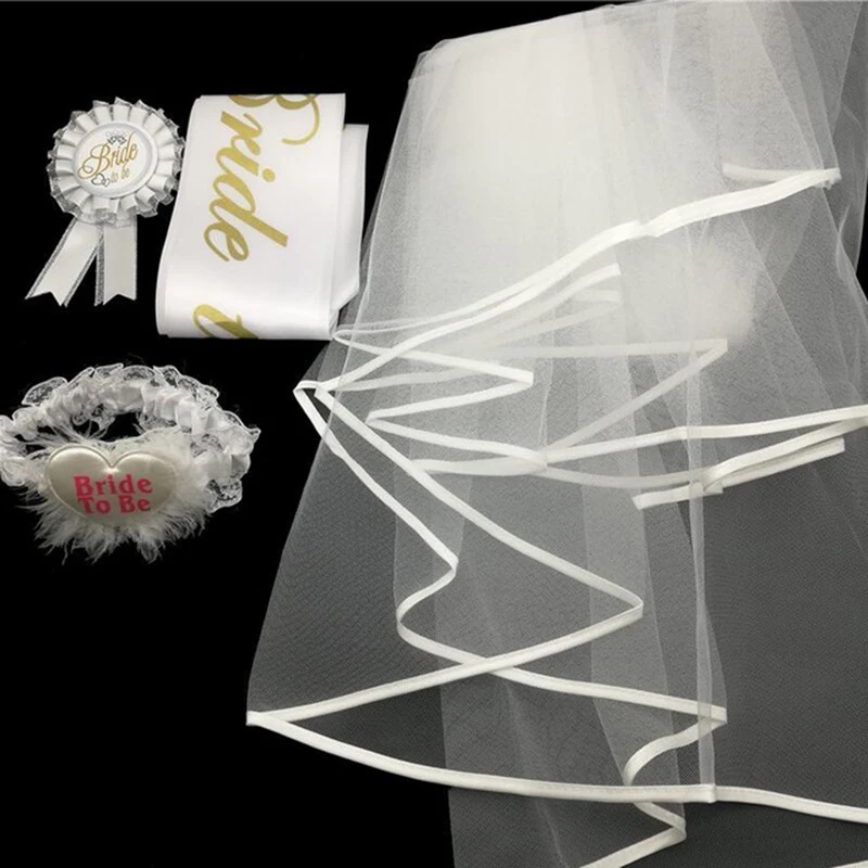 

4pcs/lot Sash Garter Veil Badge Wedding Set Bachelorette Hen Party Decoration Bridal Shower Wedding Decor Supplies