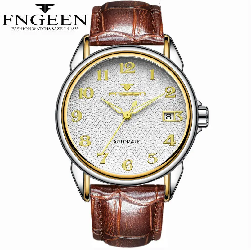 Relogio Masculino светящиеся FNGEEN мужские часы со скелетом стимпанк модные автоматические механические наручные часы с скелетом мужские часы - Цвет: leather twotonewhite