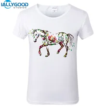 2017 New Summer Women T-Shirts Horse Flower 3D Print Short Sleeve O-Neck Slim White Fashion T shirt Girl Casual Tops S302