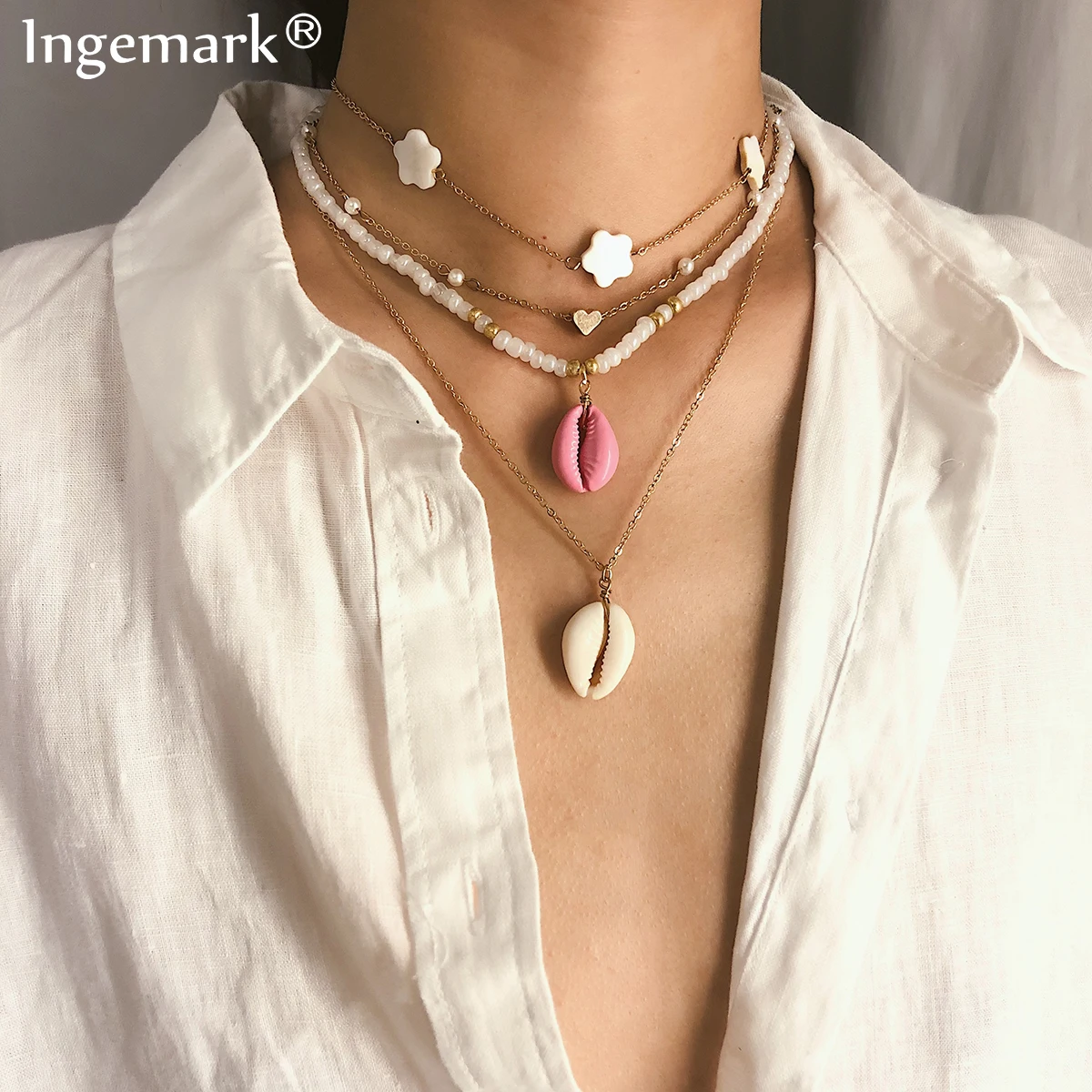 

Ingemark 2PCS/Set Bohemian White Beads Choker Necklace Korean Multi Layer Heart Shell Pendant Long Chain Necklace Lover Jewelry
