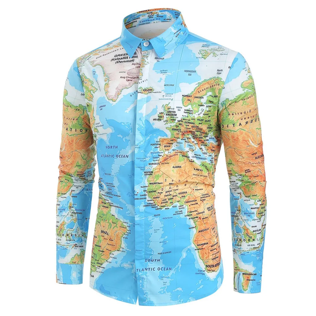 

Men Blouse World Map Print Hidden Button shirt Man Funny Tee Shirts Spring Autumn Anime shirt 3D Shirt Camisa Masculina NEW