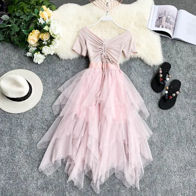 

HISUMA summer new Women's V-neck Drawstring bright silk splicing mesh irregular layer ruffles dress female elegant tired dresses