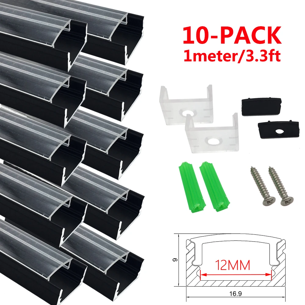 Алюминиевый светодиодный канал для светодиодной ленты UnvarySam 10-Pack 3.3ft/1 м 9x17 мм Серебристый u-образный внутренний Ширина 12 мм светодиодный алюминиевый профиль
