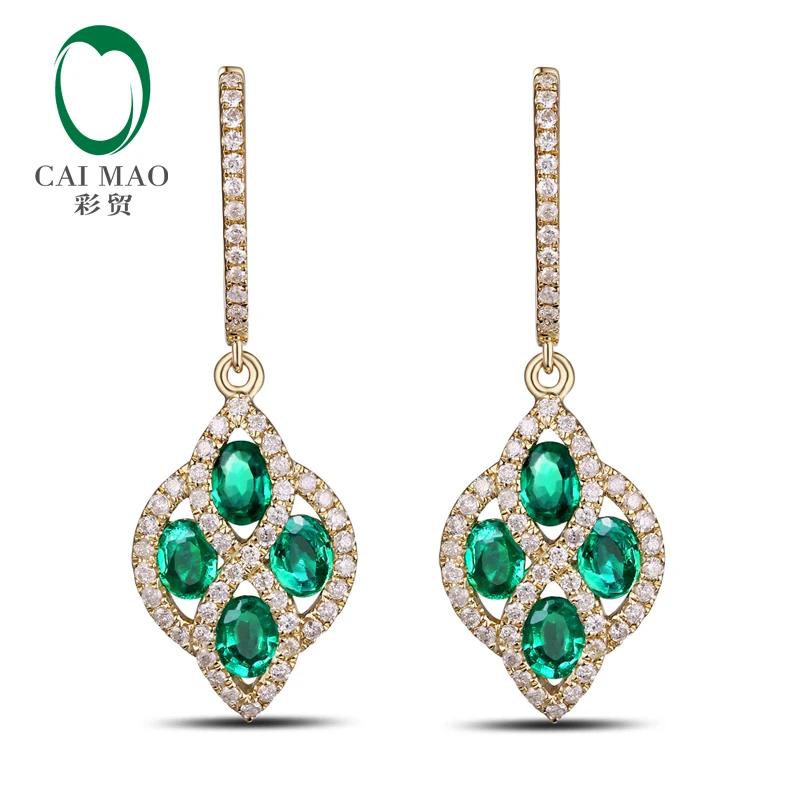 Caimao Jewelry Romantic 14K Yellow Gold Natural Emerald & Diamond Anniversary Engagement Drop Earring