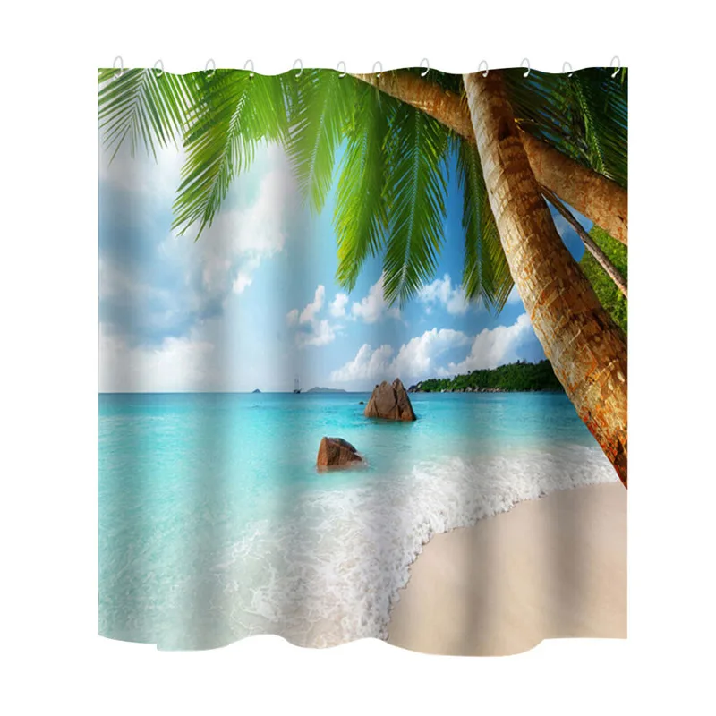

High Quality Sea Beach Shell Printed Shower Curtains Bath Screen Popular Waterproof Shower Curtain With 12 Hooks Printed A1