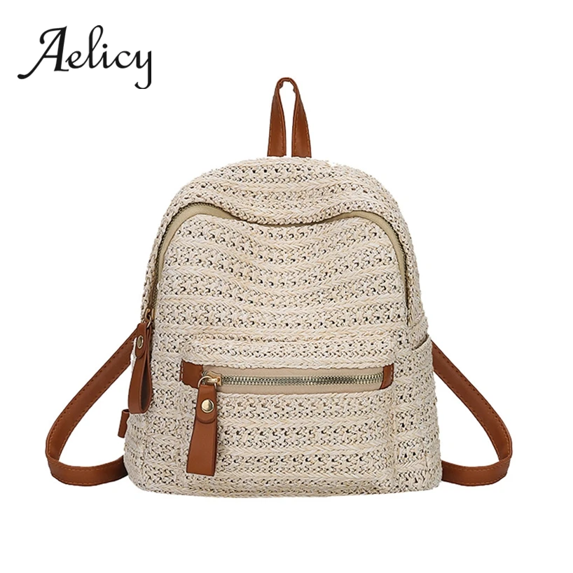 

Aelicy Women Straw Small Backpacks Women Summer Casual Hand-woven Backpack Ladies Leisure Travel Beach Mini Shoulder Bag