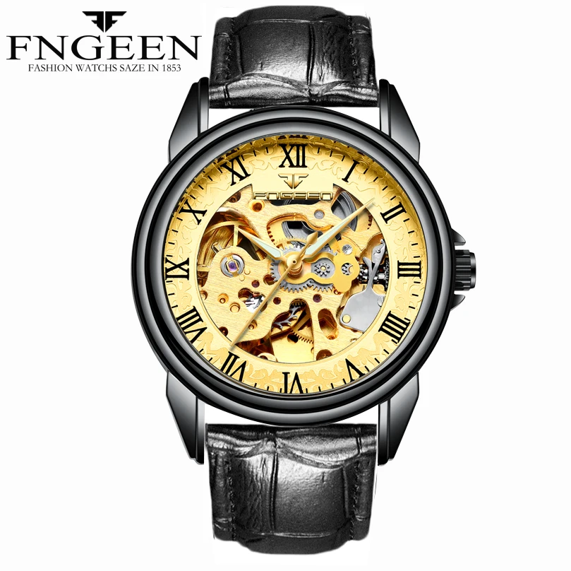 

FNGEEN Men Watches Top Brand Luxury Mechanical Skeleton Watch Black Golden Design Black Dial Clock