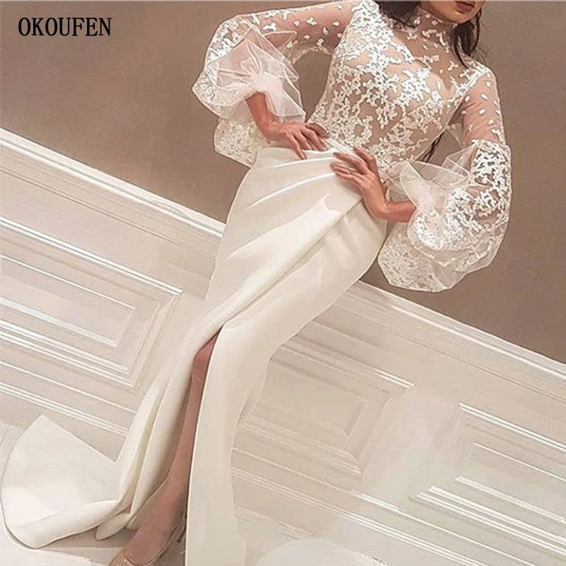 2018 Newest Evening Dresses Gowns Floor Length High Neck Lace Appliques Long Big Sleeve Mermaid Side Slit Prom Dresses White Arabic 副本