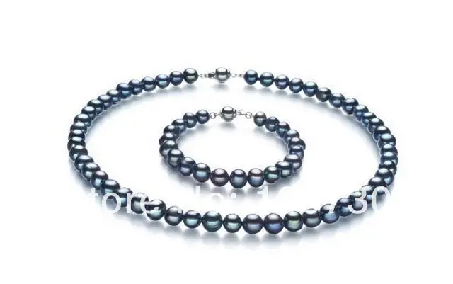 

Jewelry 00580 SET OF TAHITIAN GENUINE BLACK PERFECT ROUND AAA BLACK PEARL NECKLACE BRACELET (A0423) -Bride jewelry free shipping