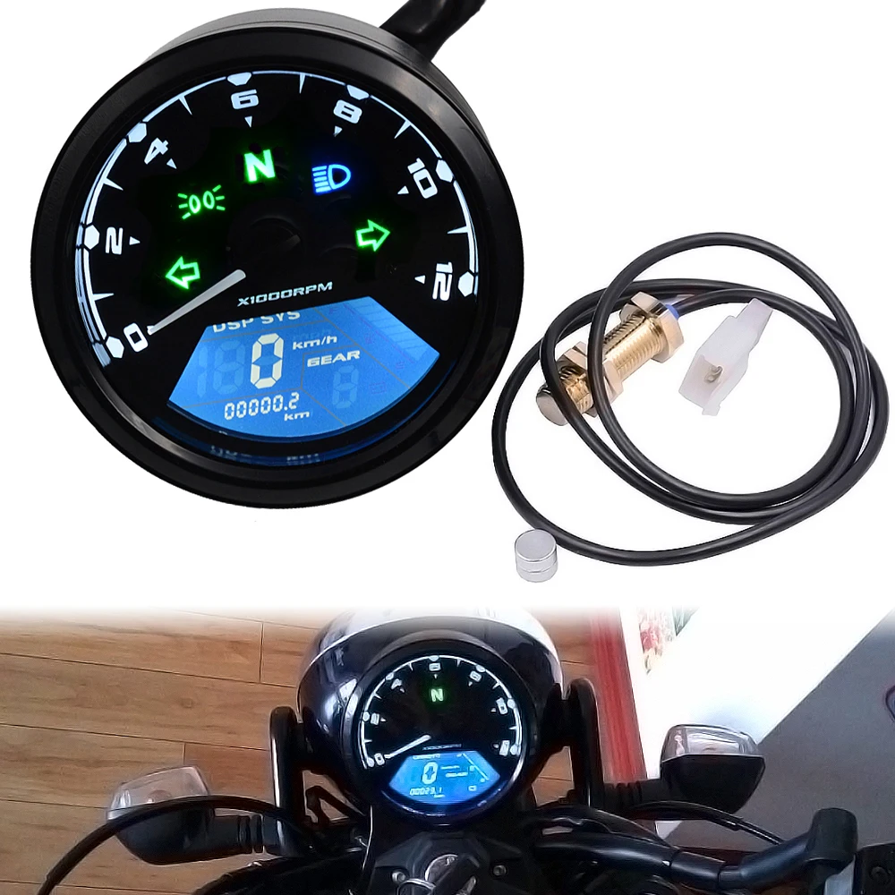 

12V 12000 RMP Universal Digital Motorcycle Speedometer Odometer Tachometer Gauge Dual Speed LCD Screen for 1-4 Cylinders