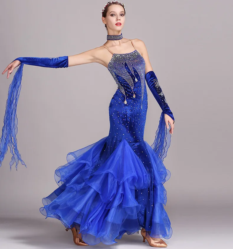 Бальное платье для танцев, стандартные платья, современный танцевальный костюм, светящиеся костюмы, бальное платье, вальс, Синие стразы, Одежда для танцев