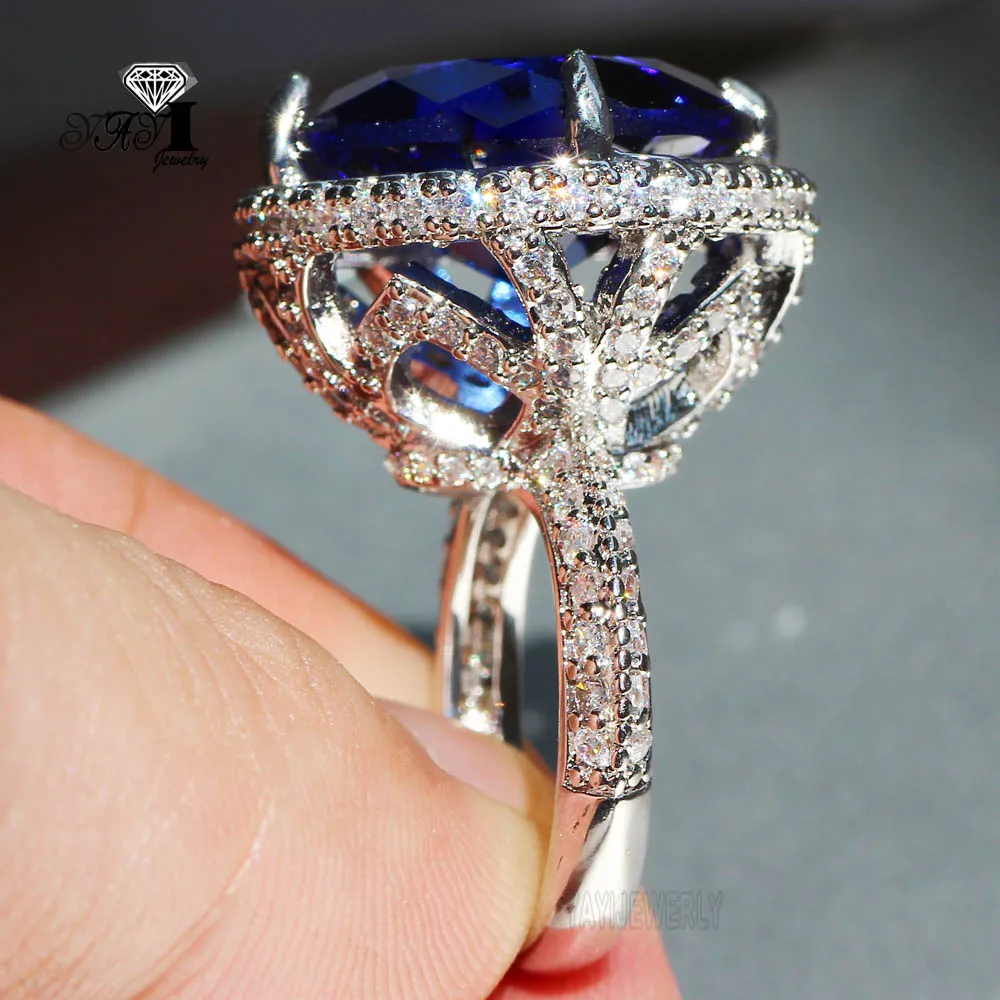 YaYI Jewelry Princess Cut 15*15mm Huge Blue Sapphire Zircon Silver Color Engagement Wedding Heart Rings silver ring wedding rings silver rings silver heart ring Gifts 705