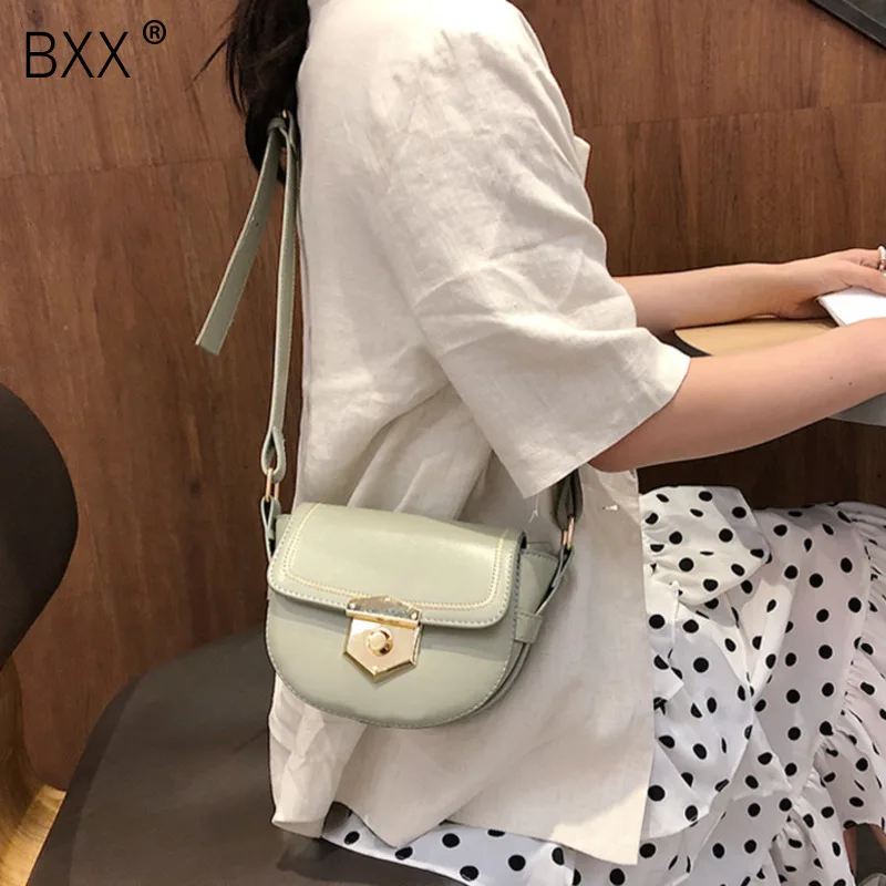 

[BXX] Women's Single Shoulder Crossbody Bag All-match Flap 2019 Fashion PU Leather Saddle Bag Ladies Wide Straps Package HF007