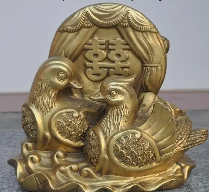 

671115696++9"China Fengshui brass Aix Galericulata Mandarin Duck Marriage bird Lucky Statue