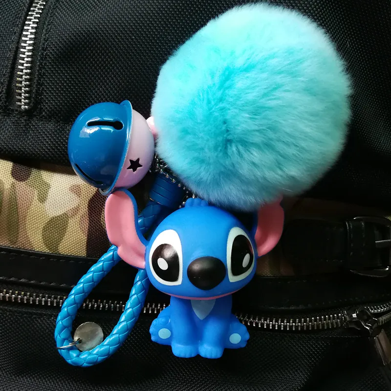 

Cute Animal Stitch Cartoon Toy Doll Leather Rope Keychain Fluffy Rabbit Fur Ball Pompons Key Rings Bell Porte Clef Key Chains