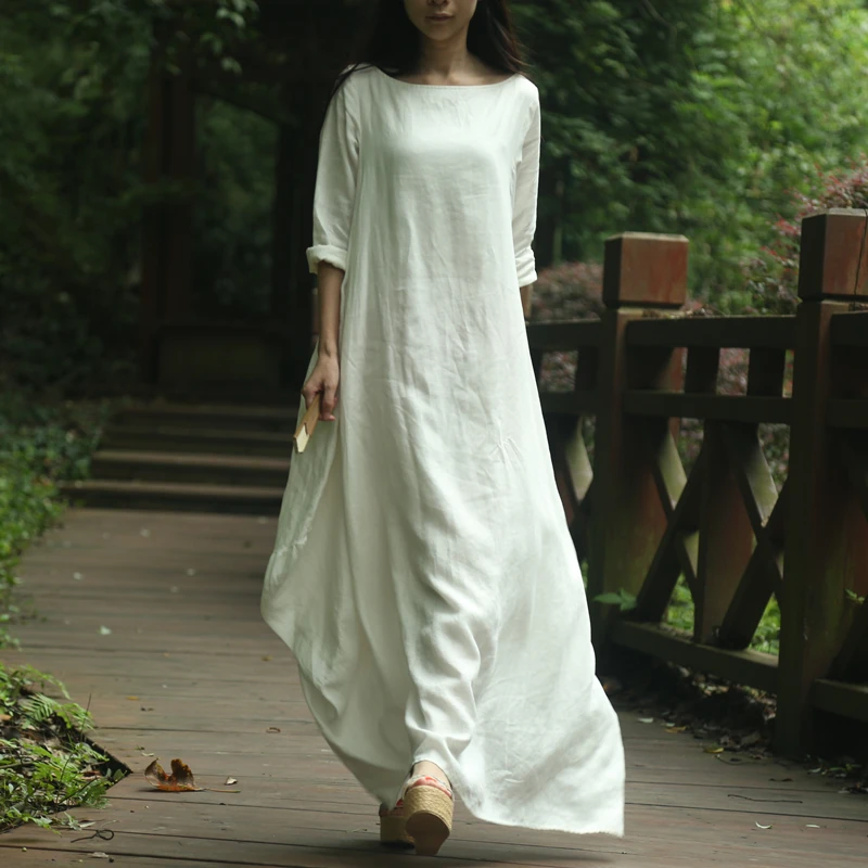 

LZJN 2019 Autumn Winter Women Dress Long Sleeve Slash Neck Cotton Linen Red Maxi Dress Elegant Long Gown Vintage Robe Vestidos