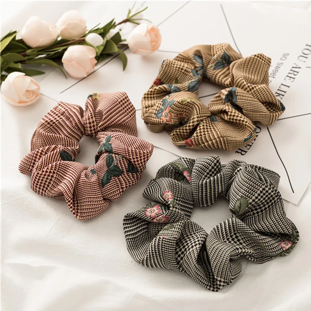 Floral Flamingo Solid Houndstooth Design Women Hair Accesorios Hair Tie Scrunchie Ponytail Hair Holder Rope