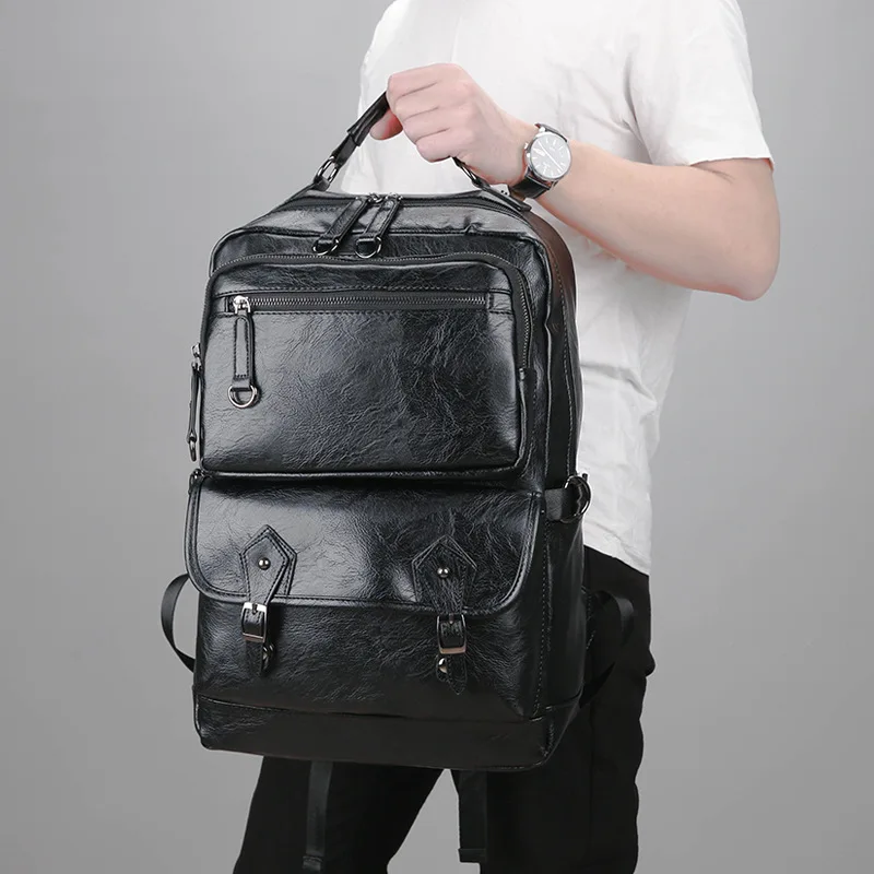 

2019 New Men PU Leather Backpack High Quality Youth Travel Rucksack School Book Bag Male Laptop Business bagpack Shoulder Bags