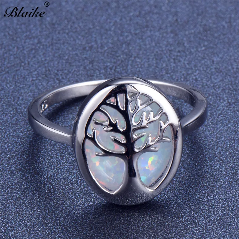 Blaike Luxury Blue/White Fire Opal Cute Life Tree Rings For Women Men 925 Sterling Silver Birthstone Fine Jewelry Graduate Gift