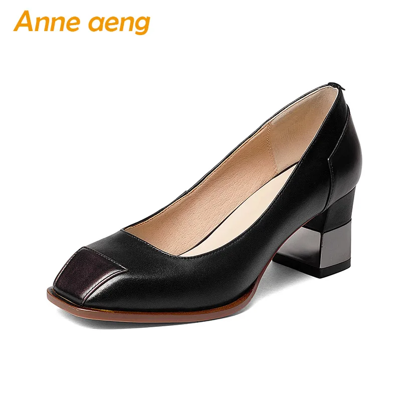 

New Spring/Autumn Genuine Leather Women Pumps High Square Heels Cow Leather Upper Square Toe Sexy Ladies Women Shoes Green Pumps