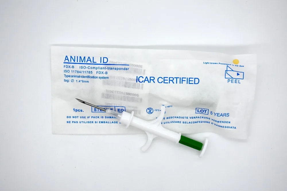 1.4*8 100PCS/lot FDX-B ISO11784/785 RFID Id Injector Pet Glass Tag Microchip Syringe for animals chip Pig Cow Cattle Horse Dog