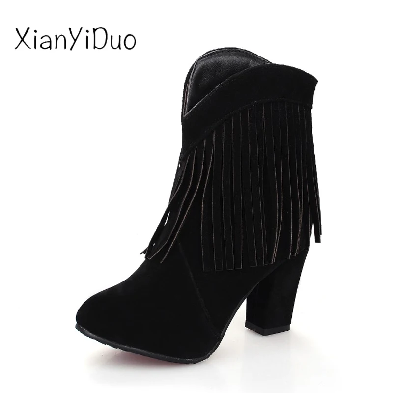 

Xianyiduo Spring/Autumn Women's Shoes tassel ankle Boots Round Toe Short Plush high Heels Riding Equestria large size 34-47/973