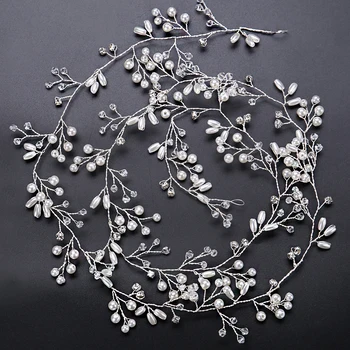 

Hot 150 CM Pearl Crystal Wedding Bridal Headbands Party Fashion Hair Accessories Silver Color Gold Headdress Women Hair Jewelry