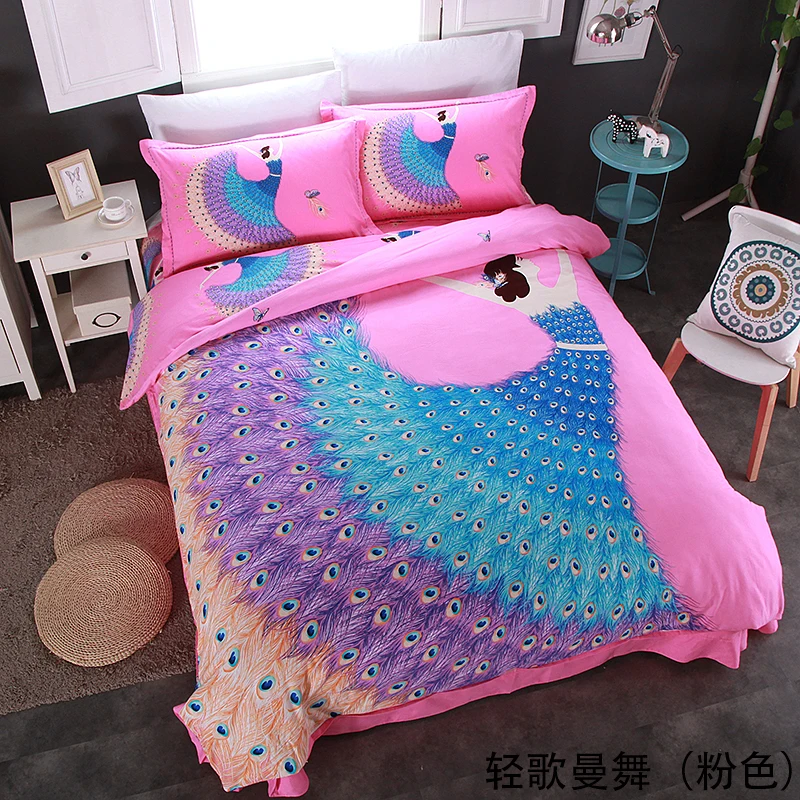 

Luxury New Thicken Animal Peacock Reactive Print bedding sets 4Pcs winter include Duvet Cover+Flat sheet+2 Pillowcase King Queen