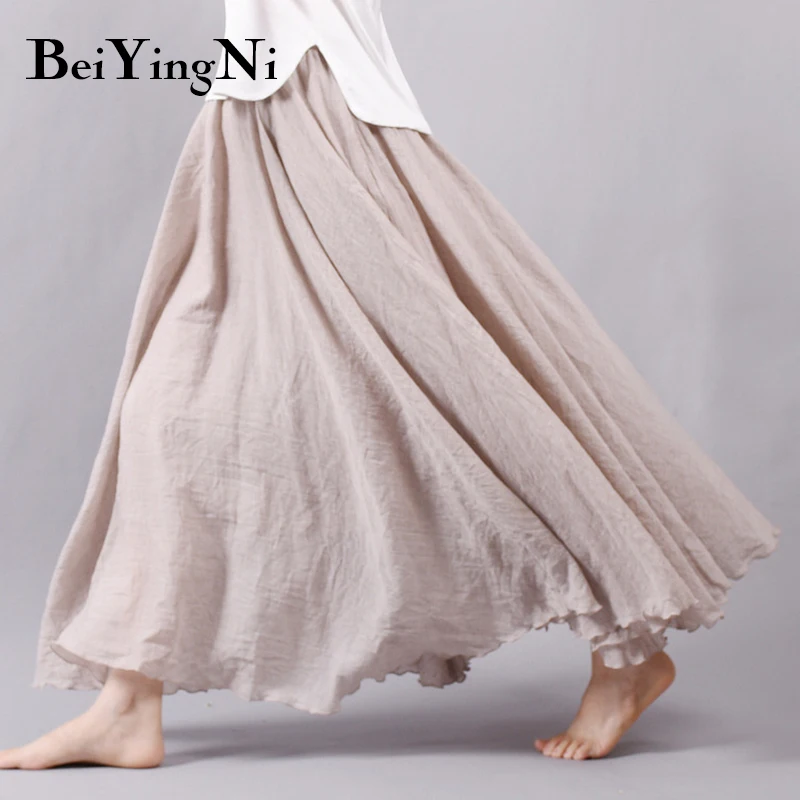 Beiyingni льняная хлопковая винтажная юбка женская однотонная пляжная плиссированная юбка макси в стиле бохо Летняя мода Ретро эластичная талия Saia Faldas