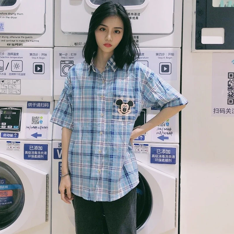 

New Summer Shirts Women Vintage Plaid Shirts Cotton Harajuku Cartoon Embroidered Shirts Loose Short Sleeve Shirts Female #037