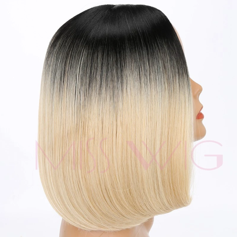 MISS WIG Black Ombre Blonde Gray Synthetic Short Straight Bob Hair Wigs For Black Women+