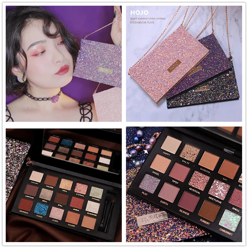 HOJO 15Color Nude Matte Eye Shadow Palette Chain Look Loose Pressed Glitter Shiny Powder Eyeshadow Shimmer Makeup Kit with Brush