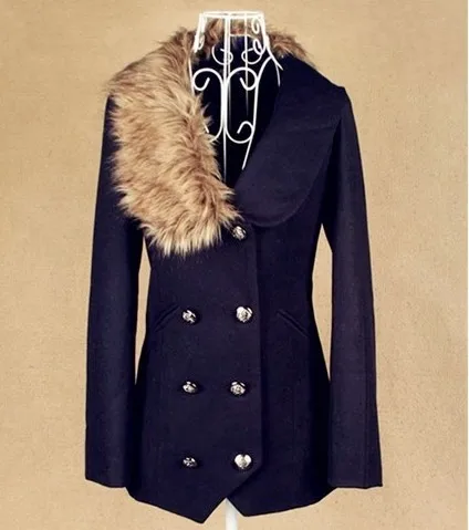 Classic Asymmetric Fur Collar Double Breasted Wool Pea Coats For Women Fashion Slim Fitted 