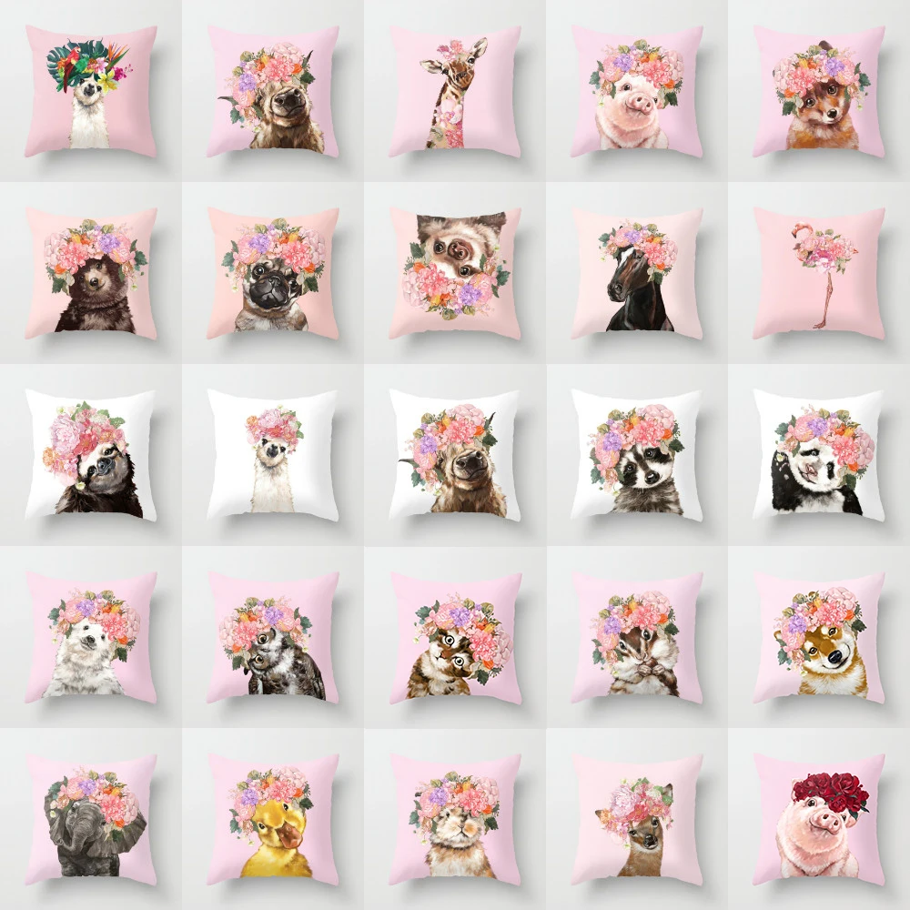 

18'' Elife Polyester Baby Cushion Cover Cartoon aniaml bulldog flower throw Sofa Car waist Pillow Case Cover Home Decor