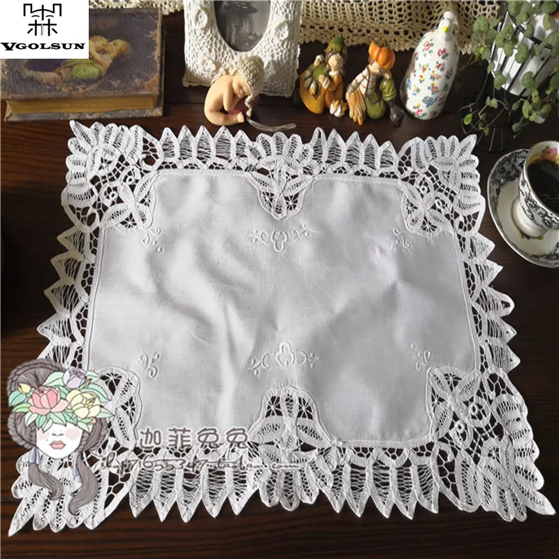 

2pcs/Pack White Rectangle Shape VGOLSUN Europe Style 100%Linen Vintage Batterburg Lace Embroidered Mats&Pads With Size 38x56cm