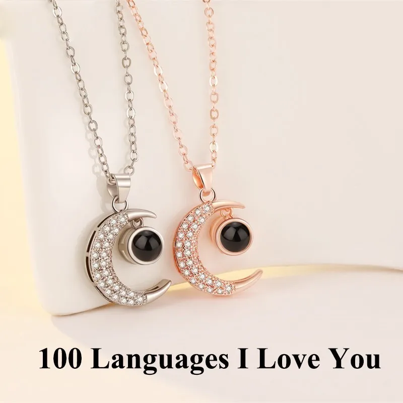 

2019 New Rose Gold Silver Color Moon 100 Languages I Love You Projection Pendant Necklace For Valentine's Day Gift Of Love