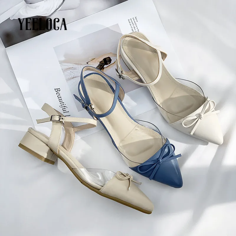 

YEELOCA 2019 woman summer sandals pointed toe butterfly knot med heels buckle strap hoof heels casual woman shoes