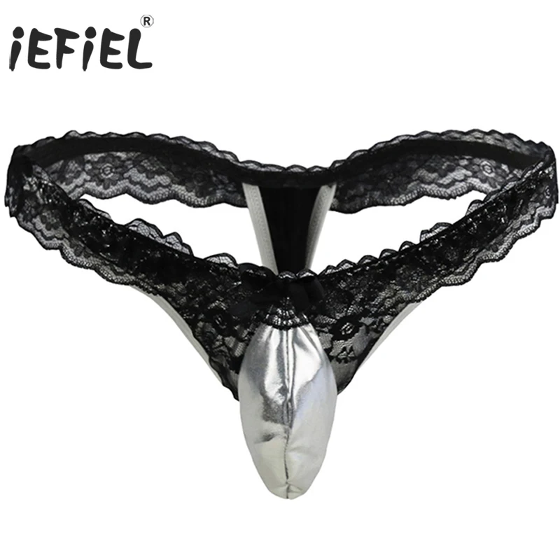 

iEFiEL Sexy Mens Clothes Lingerie Patent Leather Lace T-back Pouch Briefs Thong Slip Hommes Underwear Underpants for Men Panties
