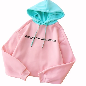 

Autumn Winter Sweatshirt Women You got me Jungshook Letter Print Hoodies Kpop Korean Style Casual Fleece Splicing Pullovers Tops