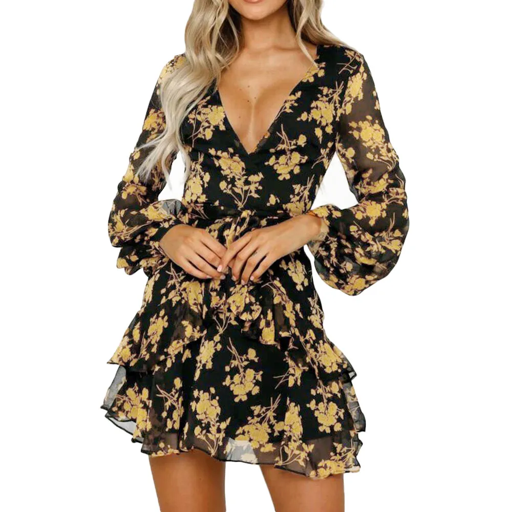 

runway fashion 2018 Womens Floral Leaf Printed Long Sleeve V Neck short Dress Beach Casual Mini Dress sexy shirt blouse dress