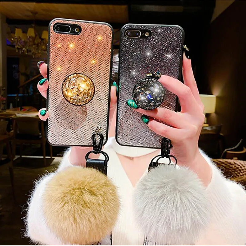 

Luxury crystal holder+Fur Ball+Strap Phone case For iPhone 6 6s 8 7 Plus X XS MAX XR Gradient Bling Glitter Capa Funds Coque 3D