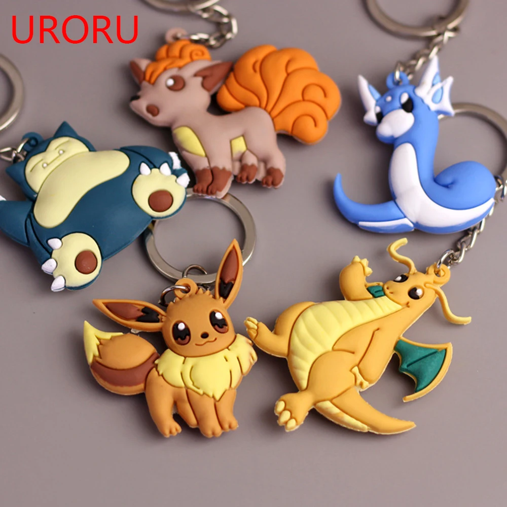 

URORU Anime Pikachu Go Key Ring Emoji Keychain Pocket Monsters Key Cover Holder PVC Soft Silicone Carton Car Metal Llavero