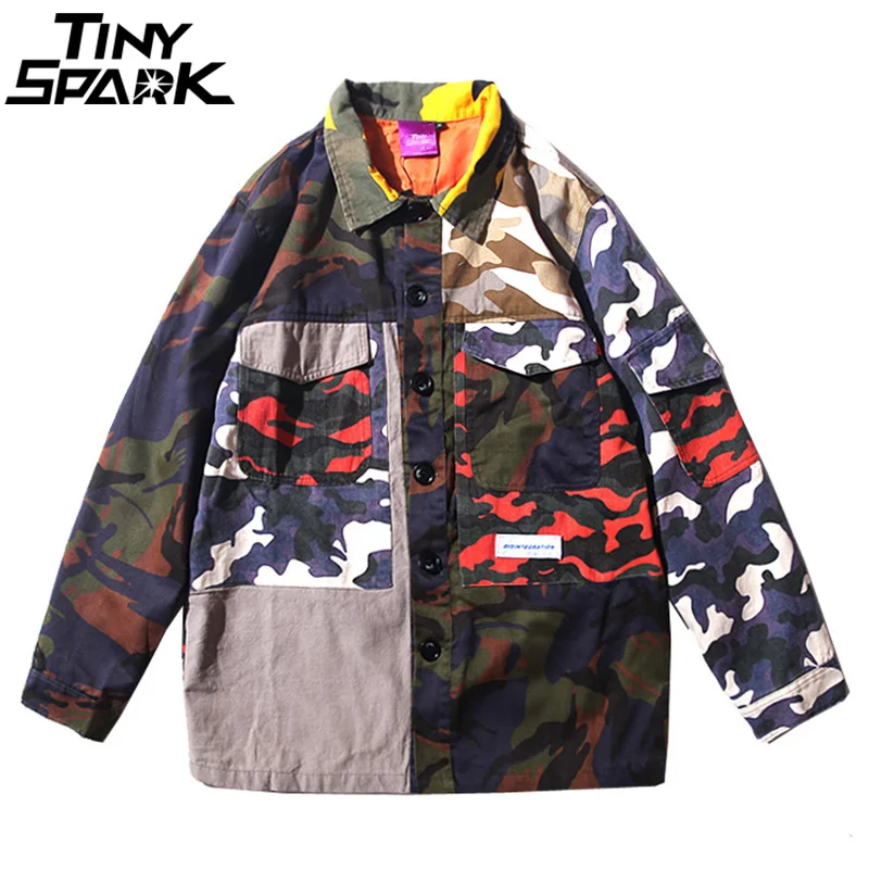 

Mens Camouflage Jackets Hip Hop Vintage Camo Color Block Patchwork Jacket Streetwear Casual Bomber Jacket Fashion Autumn 2018