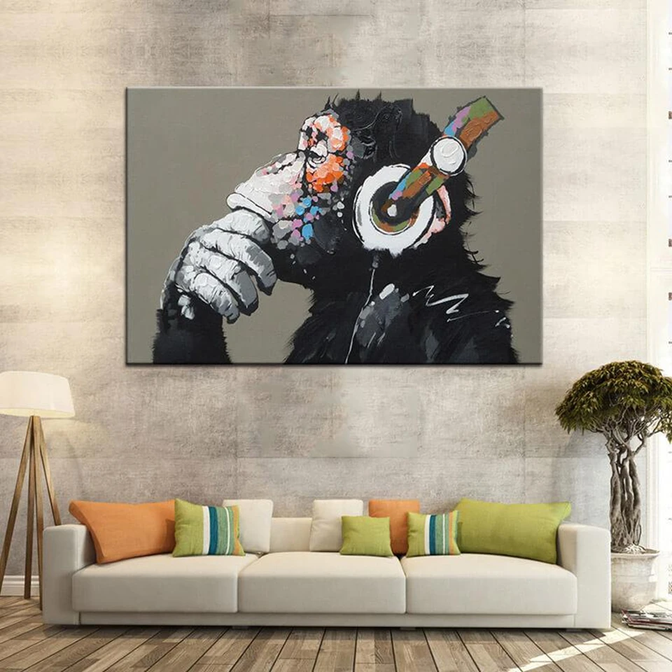 

Canvas Painting Wall Art 1 Panel/Pcs Funny Thinking Monkey With Headphone Picture HD Print Animal Monkey Poster Home Decor Frame